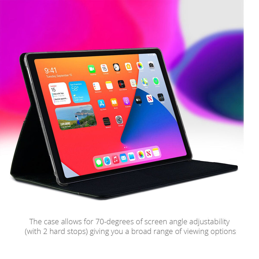 The MacCase Premium Leather 13 iPad Pro case set up for viewing a movie