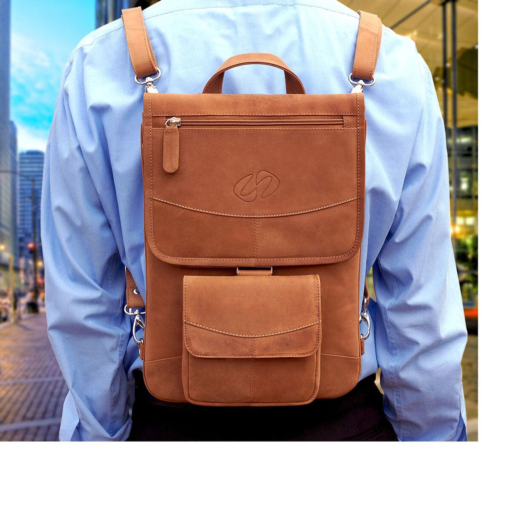 The MacCase Premium Leather MacBook "Flight Jacket" case worn as a backpack