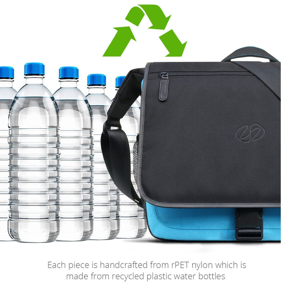 The MacCase iPad Messenger Bag is handcrafted from rPET nylon made from recycled plastic water bottles and trimmed in ethically sourced premium leather