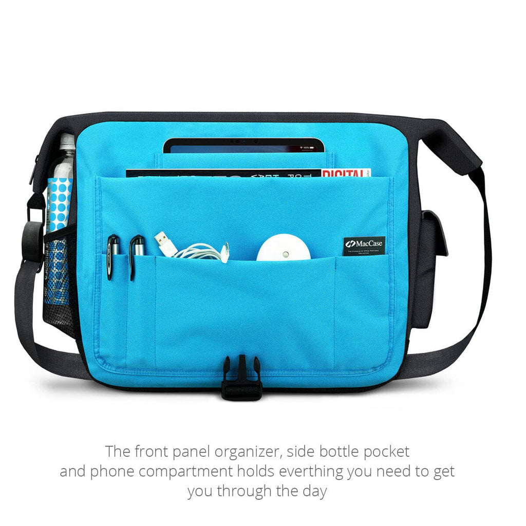 The front panel organizer of the MacCase iPad Pro Messenger Bag