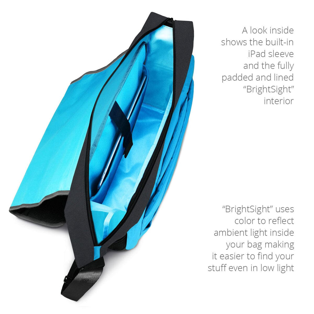 Open view of the MacCase iPad Pro Messenger Bag shown with a 13 iPad Pro in the built-in sleeve