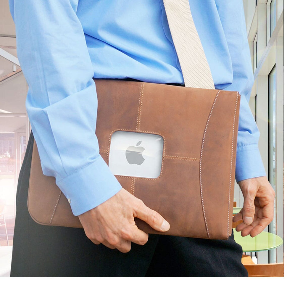 The MacCase Premium Leather MacBook Sleeve shown in vintaeg brown