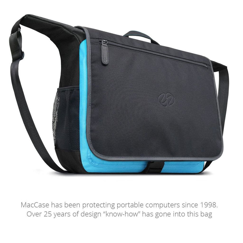MacCase Universal Messenger Bag uses fabrics made form recycled plastic water bottles and trimmed in our premium leather