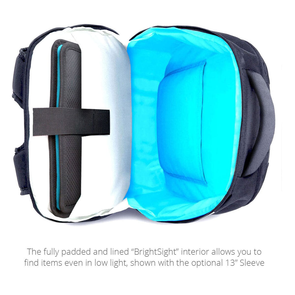 The view inside the MacCase 13-inch Backpack shows the BrightSight interior and the optional 13-inch Sleeve in the laptop compartment