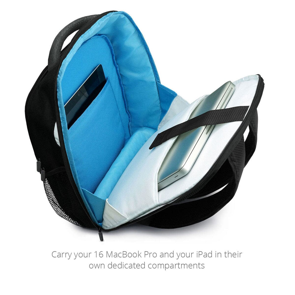 Open view of the MacCase Backpack for MacBook Pro 16 shows the main compartment's built-in sleeves
