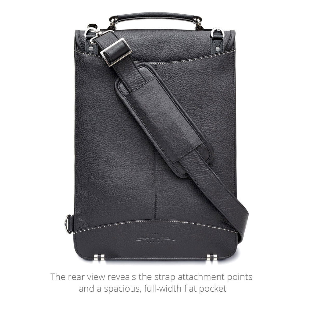 Rear view of the MacCase leather Briefcase shown in black