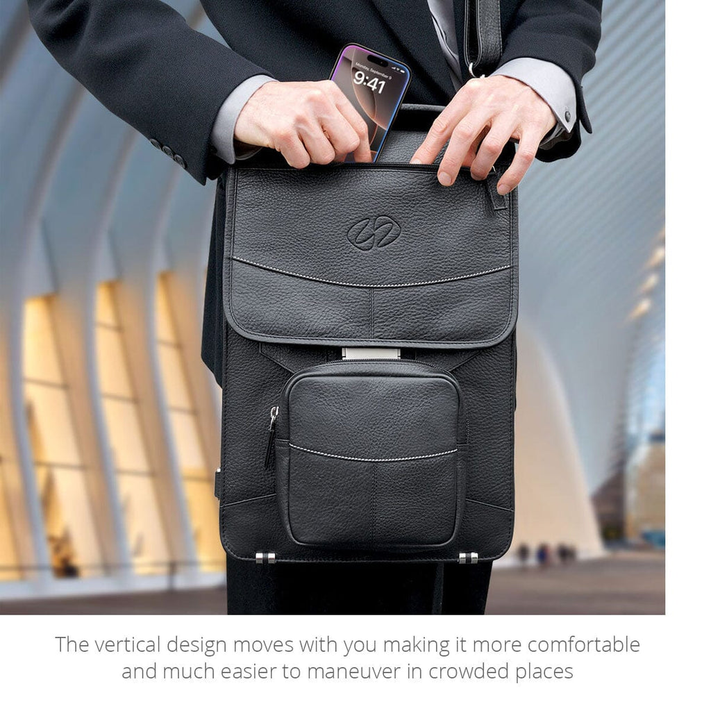 The easy to reach front flap pocket of the MacCase leather briefcase backpack