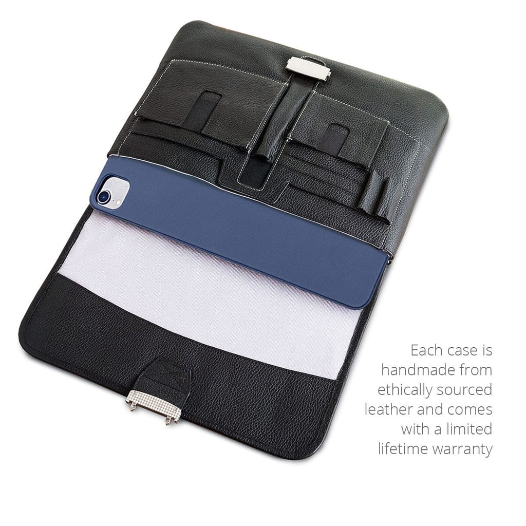 Top open view of the leather 13 iPad Briefcase shown with Magic Keyboard