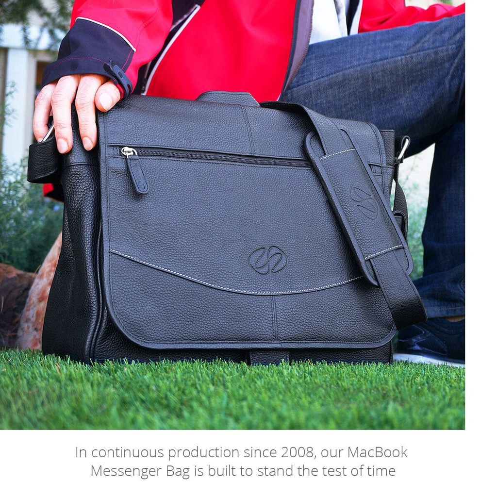 The MacCase Premium Leather iPad Messenger Bag shown in black