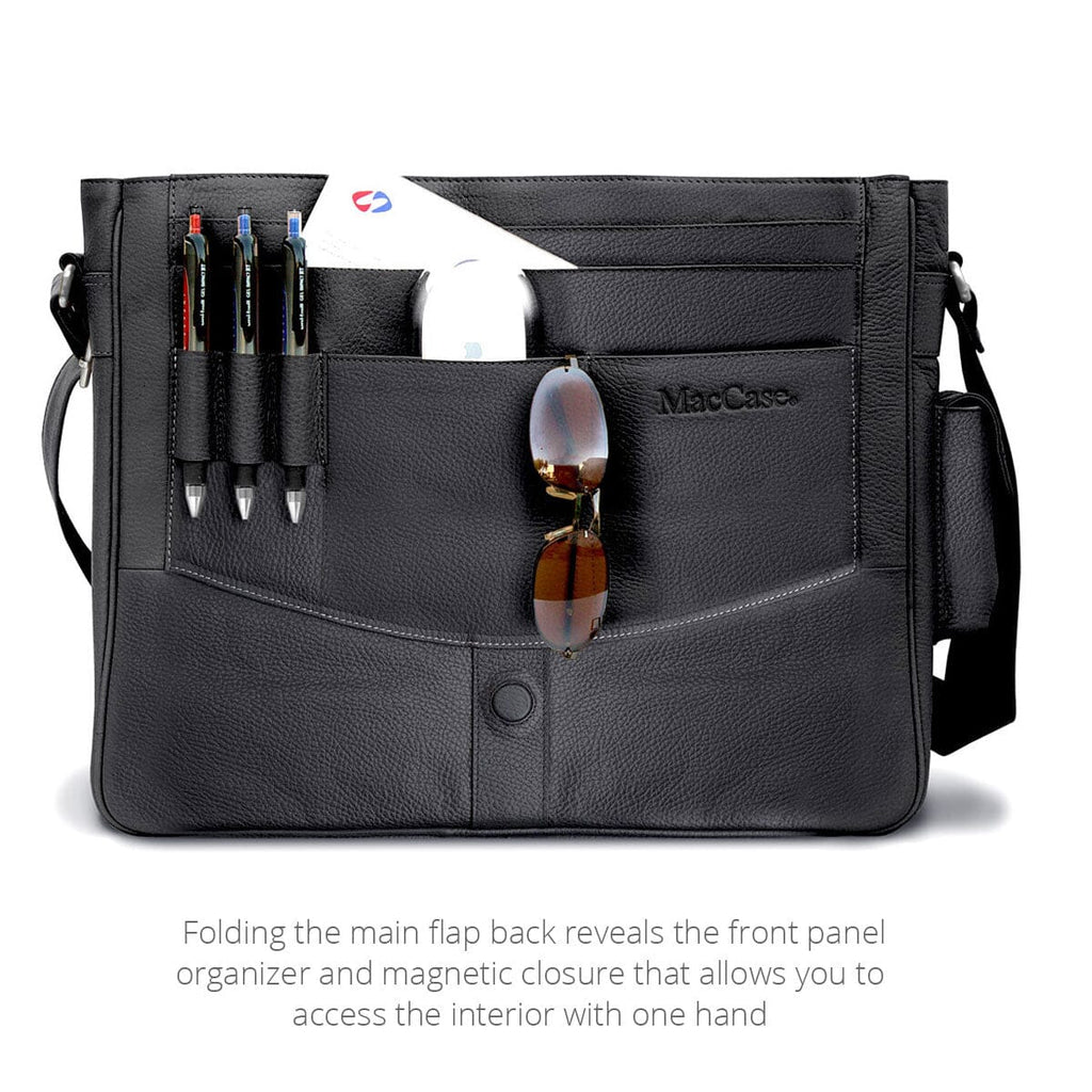 View of the front organizer panel on the MacCase Premium Leather iPad Messenger Bag