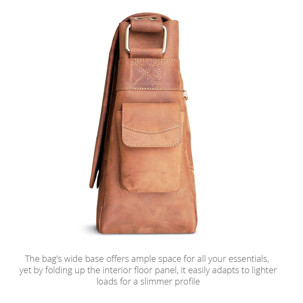 End view of the MacCase Premium Leather Messenger Bag for MacBook shown in vintage brown