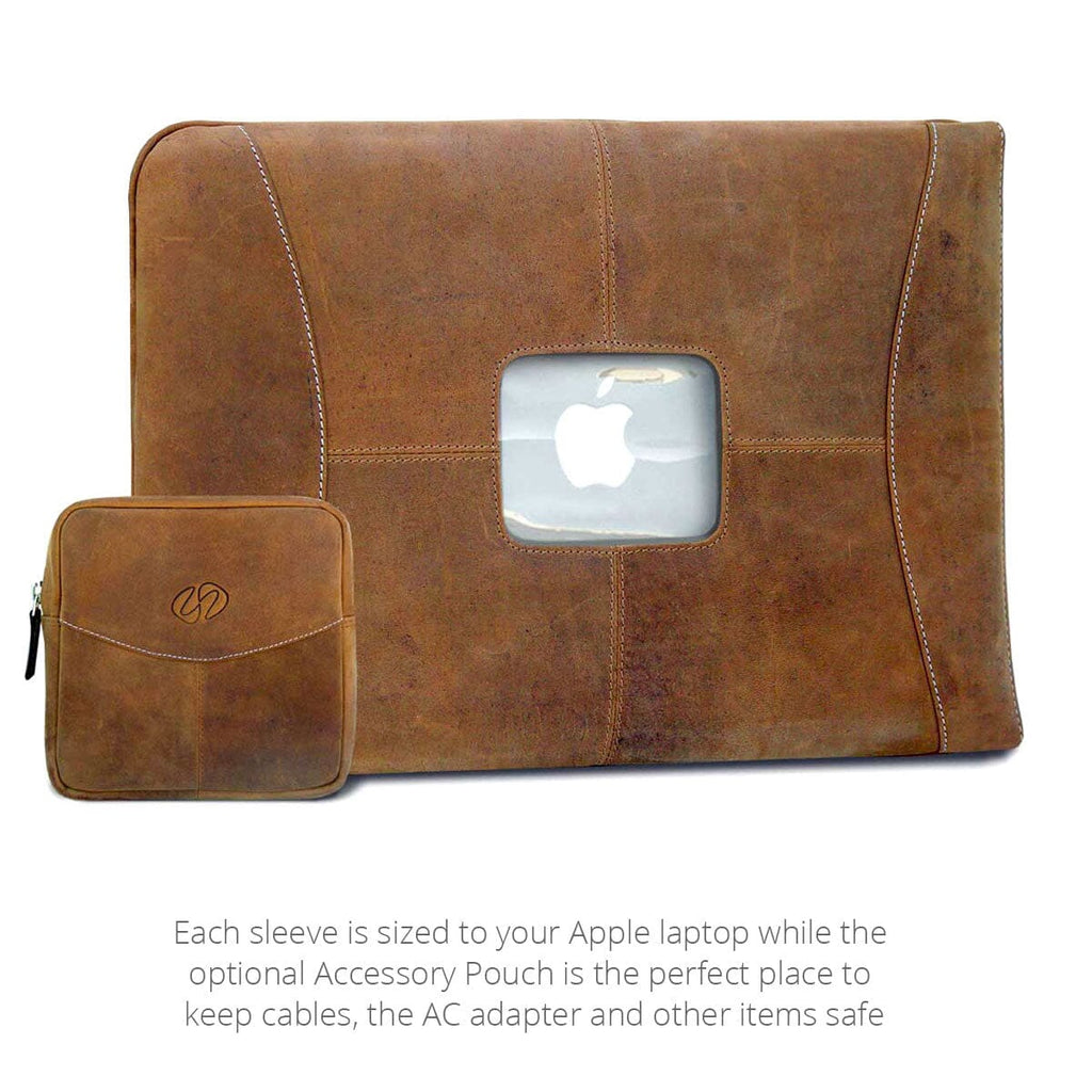 The MacCase MacBook leather sleeve shown with the optional accessory pouch
