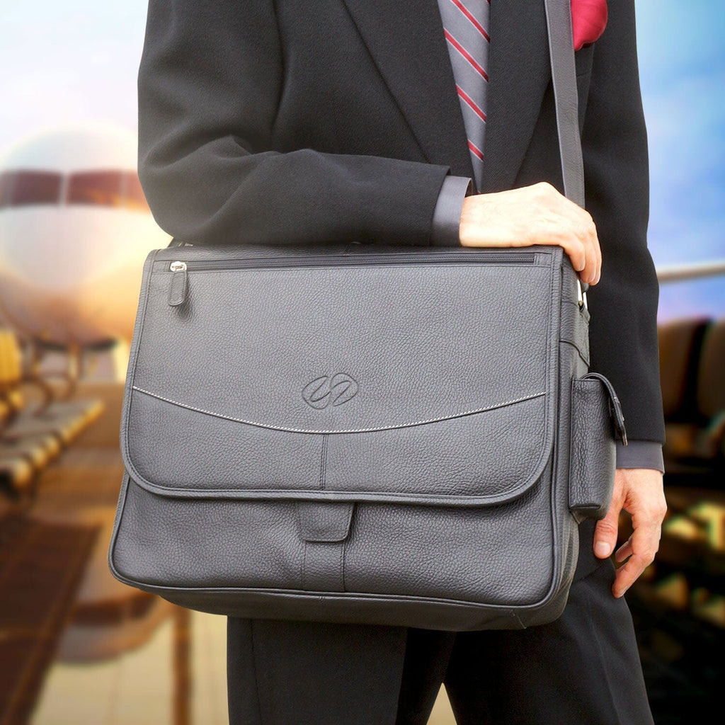 The MacCase Premium Leather Messenger Bag exiting the gate at an airport