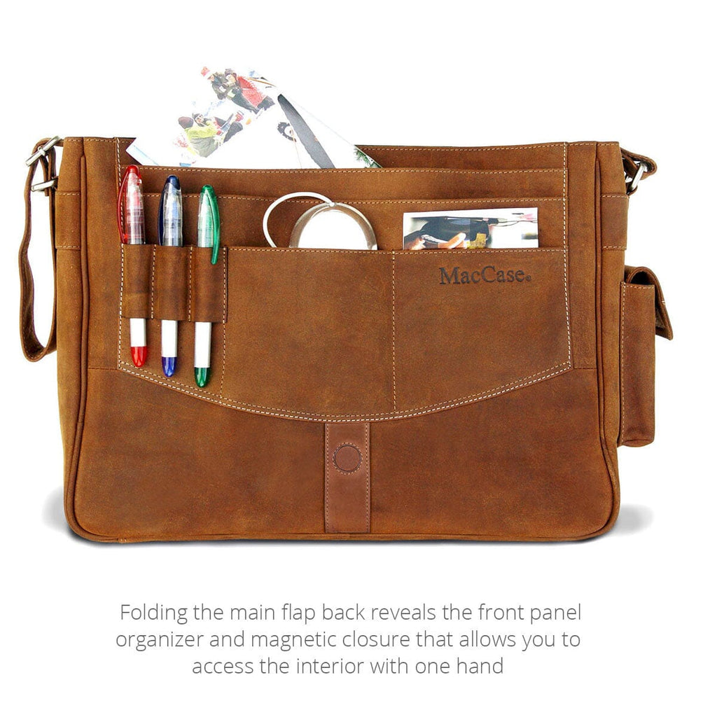 Front view of the MacCase Premium Leather Messenger Bag shown in vintage brown