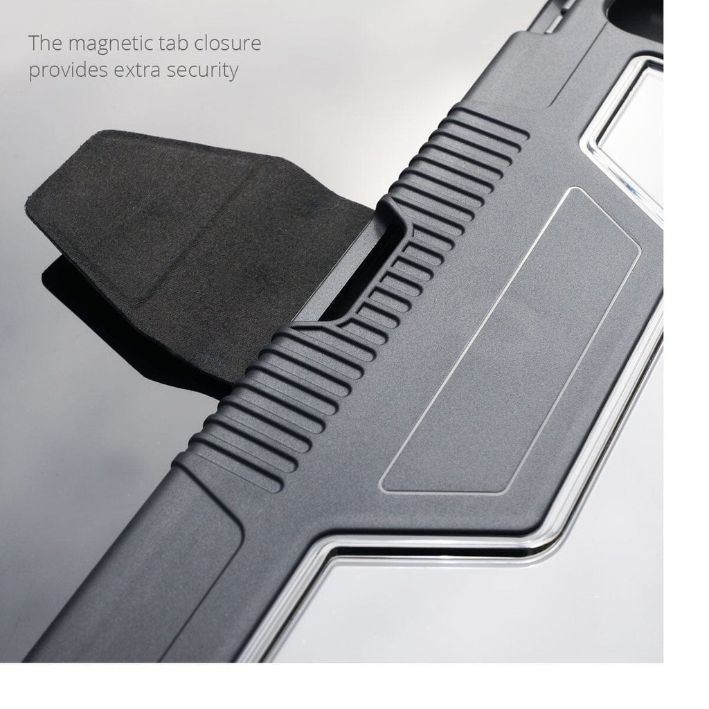 Close up view of the magnetic security tab of the Rugged 13 iPad Pro case by MacCase